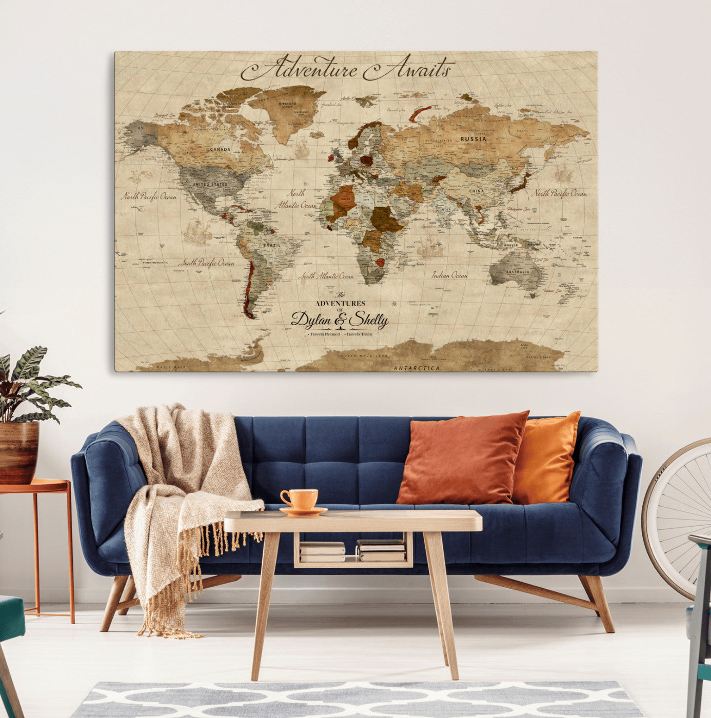 29054239-MGV-CV-36X24-Personalized World Map Print - Customizable Push Pin Framed World Map Print on Canvas - Custom Quote on Map Print