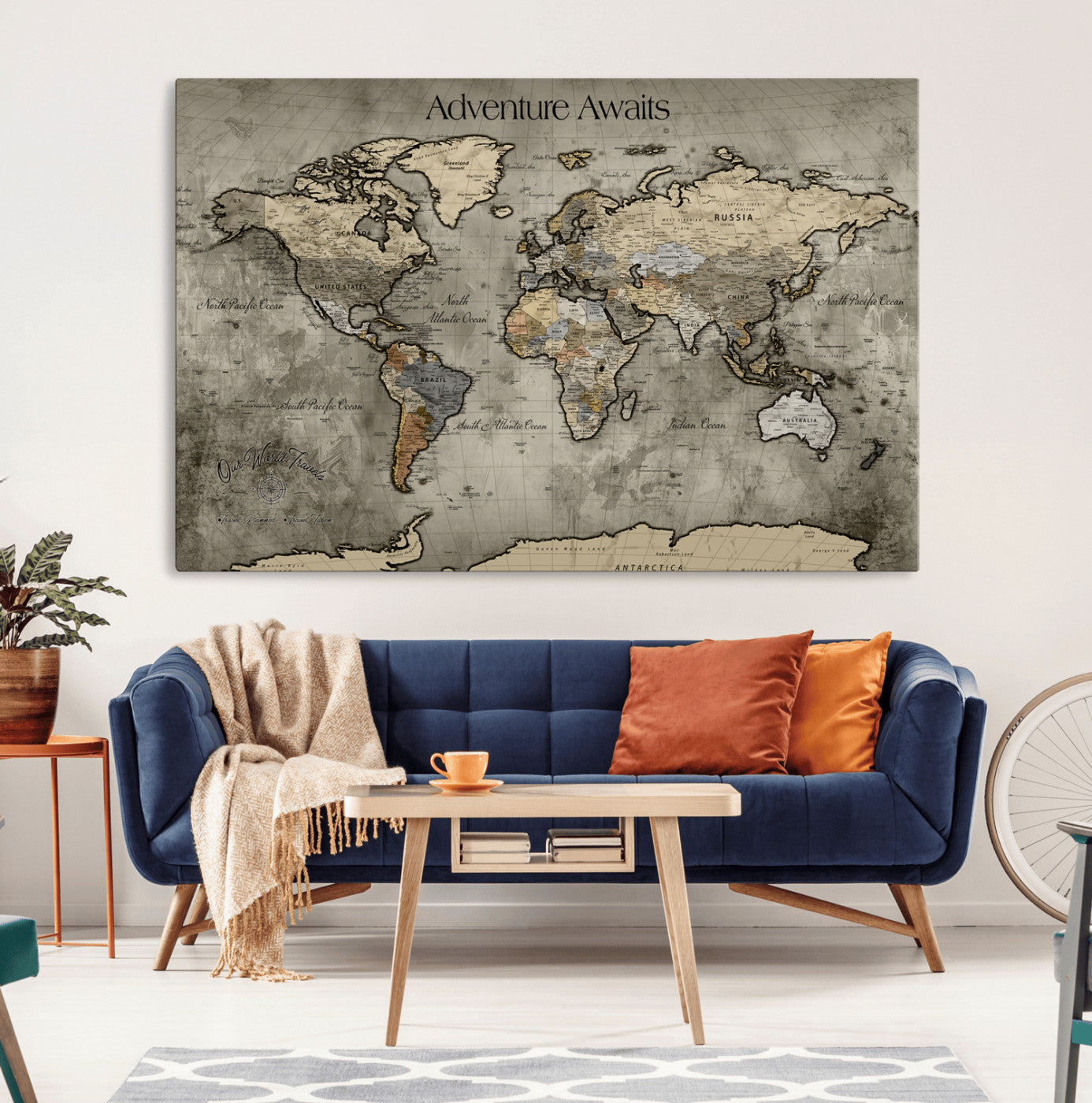 60740187-MGV-CV-36X24-Tree Rings Wall Art Canvas Print, Framed Wood Texture Art Picture Print, Blue Grain Perfect Rustic Modern Decor Artwork, Wood Texture Wall