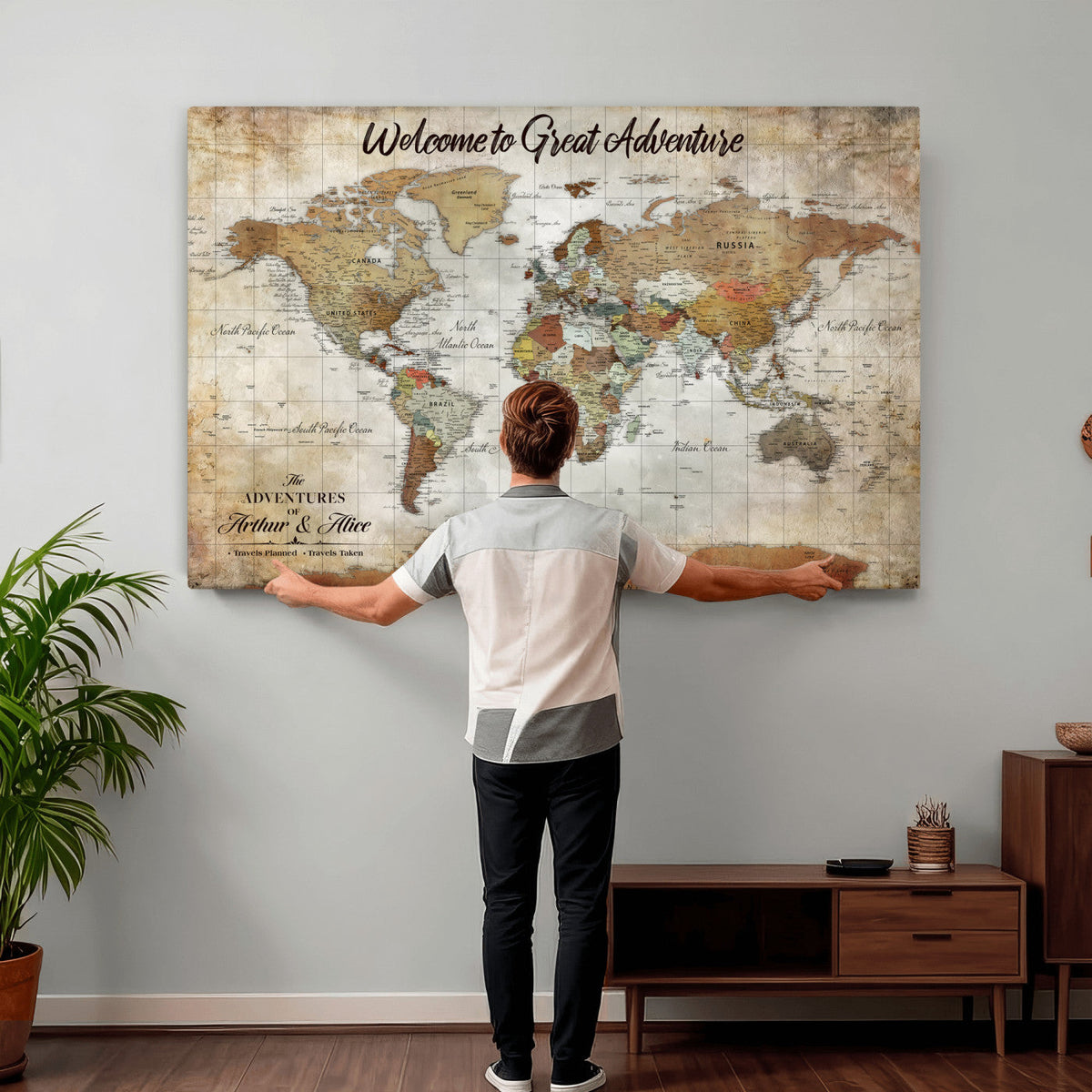 Personalized Beige Push Pin World Map Wall Art, Bucket List Map, Living Room and Family Room Decor