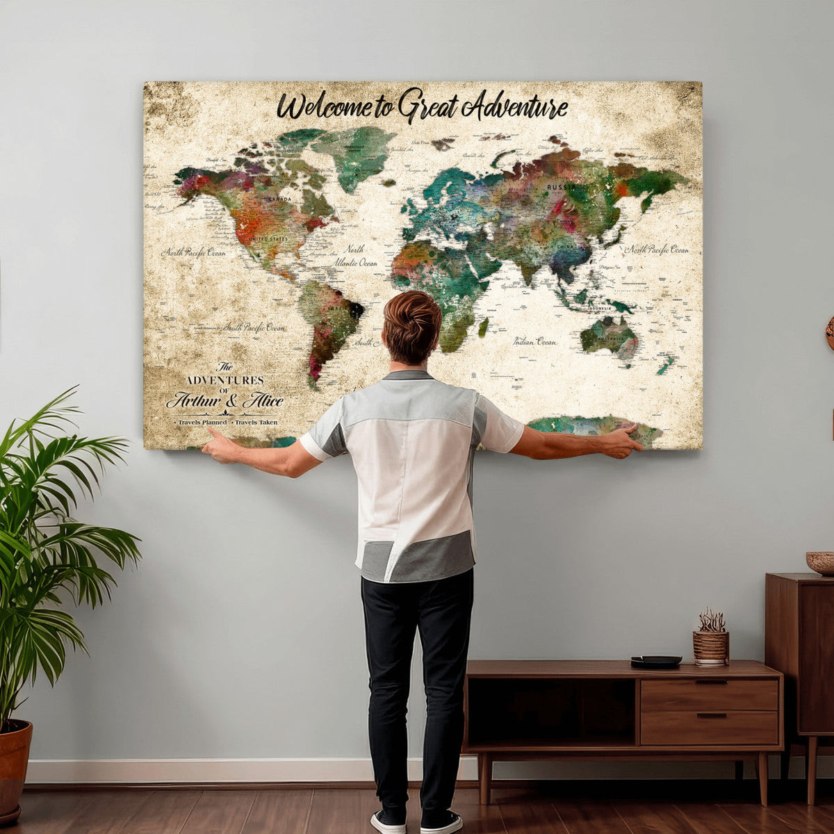 Personalized Beige Grunge World Map Canvas with Push Pins, Next Trip Planner Map, Family Room and Home Office Decor
