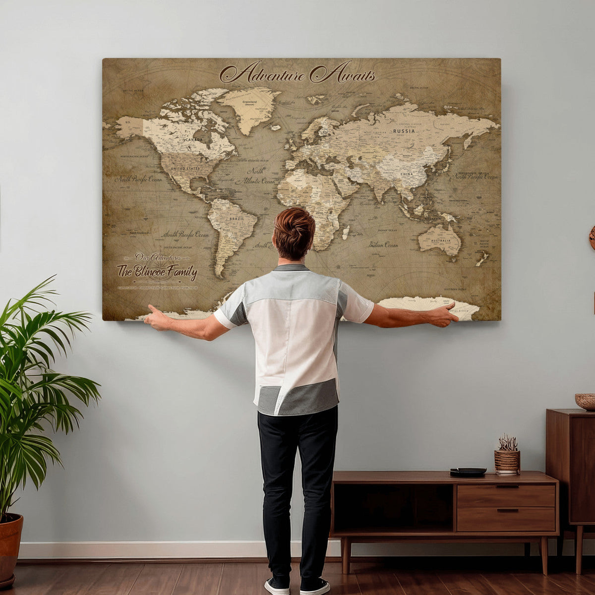Custom Beige Modern Push Pin World Map Canvas Print, Family Travel Tracker, Dining Room and Home Office Decor