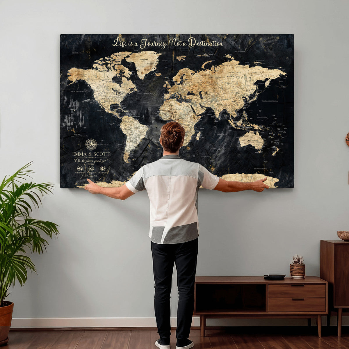Personalized Framed Navy Modern Push Pin World Map Canvas Print, Couples Countries Visited Map, Family Room and Study Decor