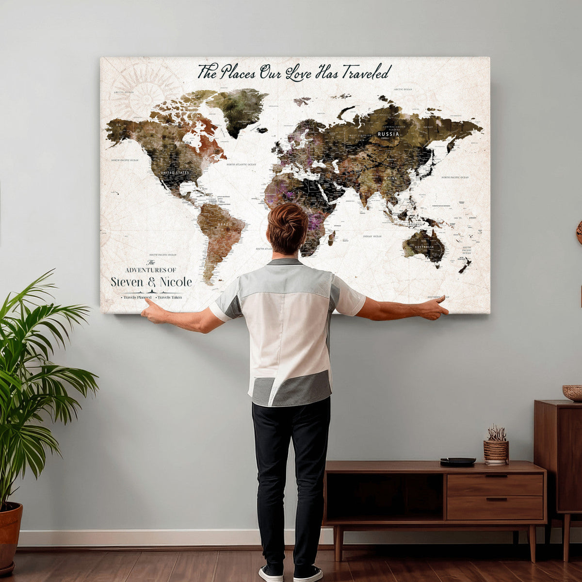 34345515-MGV-CV-36X24 - Custom Push Pin World Map Wall Art Canvas Print | Personalized Travel Tracker with Pins Framed Large for Home and Office Decor