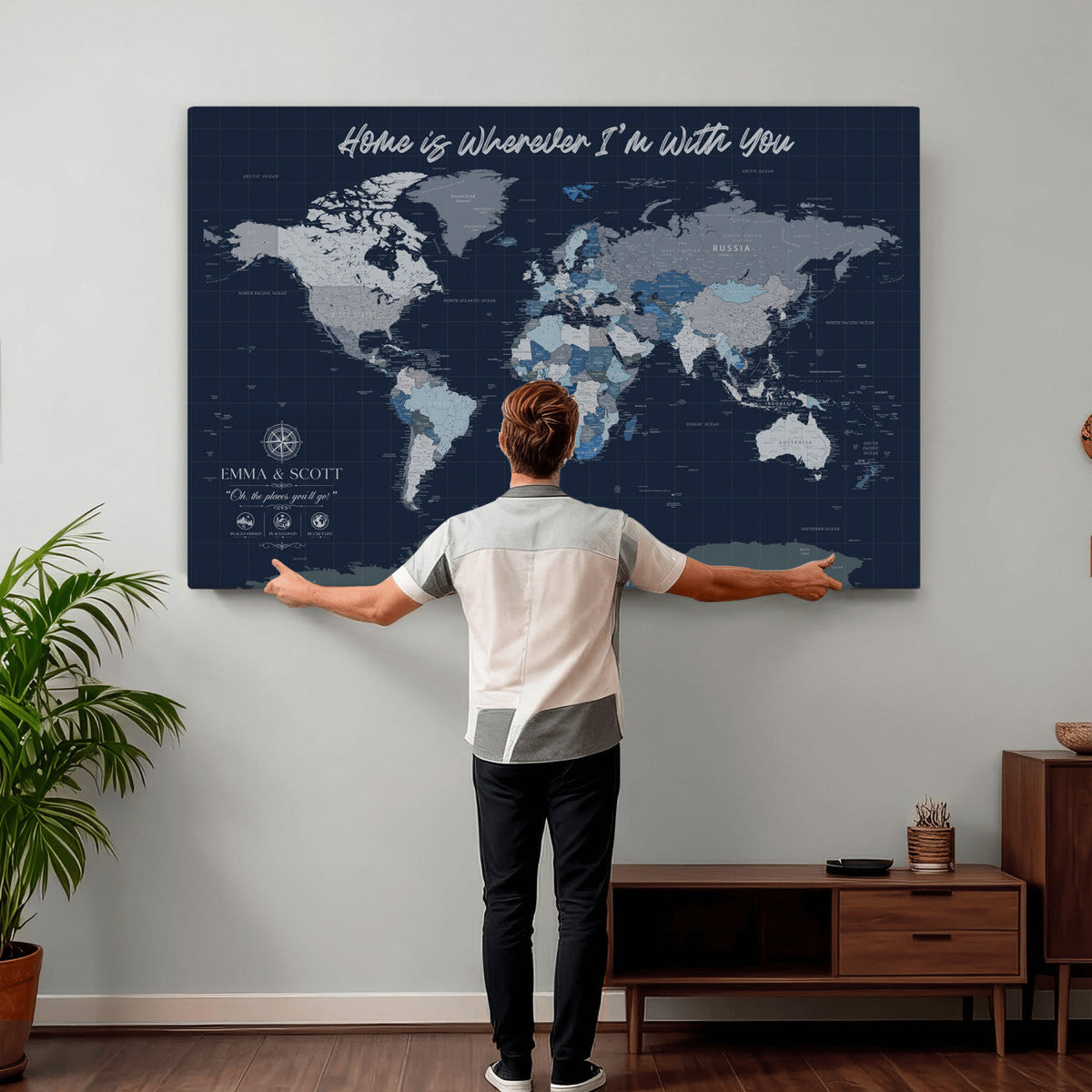 NEWMAP-18-MGV-CV-36X24 - Custom Push Pin World Map Wall Art Canvas Print | Personalized Travel Tracker with Pins Framed Large Print - NEWMAP-18