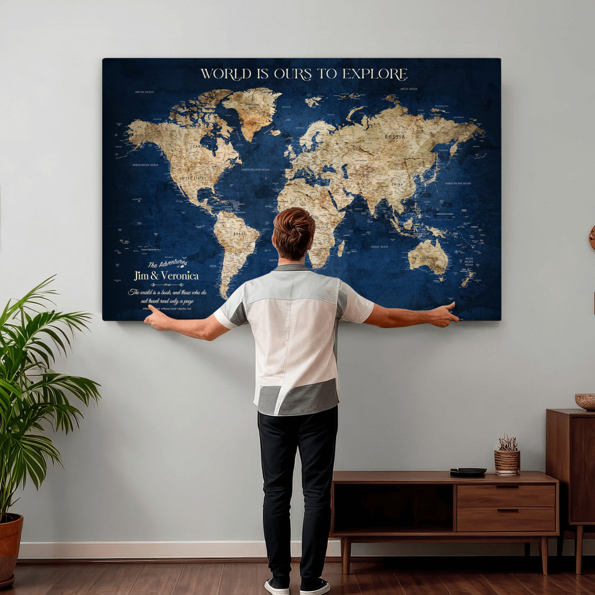 35296308-MGV-CV-36X24 - Custom Push Pin World Map Wall Art Canvas Print | Personalized Travel Tracker with Pins Framed Large for Home and Office Decor