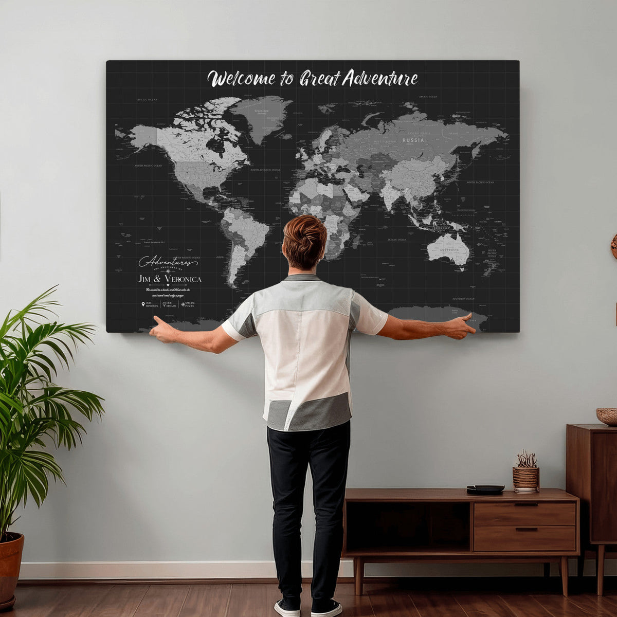Custom Framed Navy Vintage World Map Canvas with Push Pins, Next Trip Planner Map, Entryway and Hallway Decor