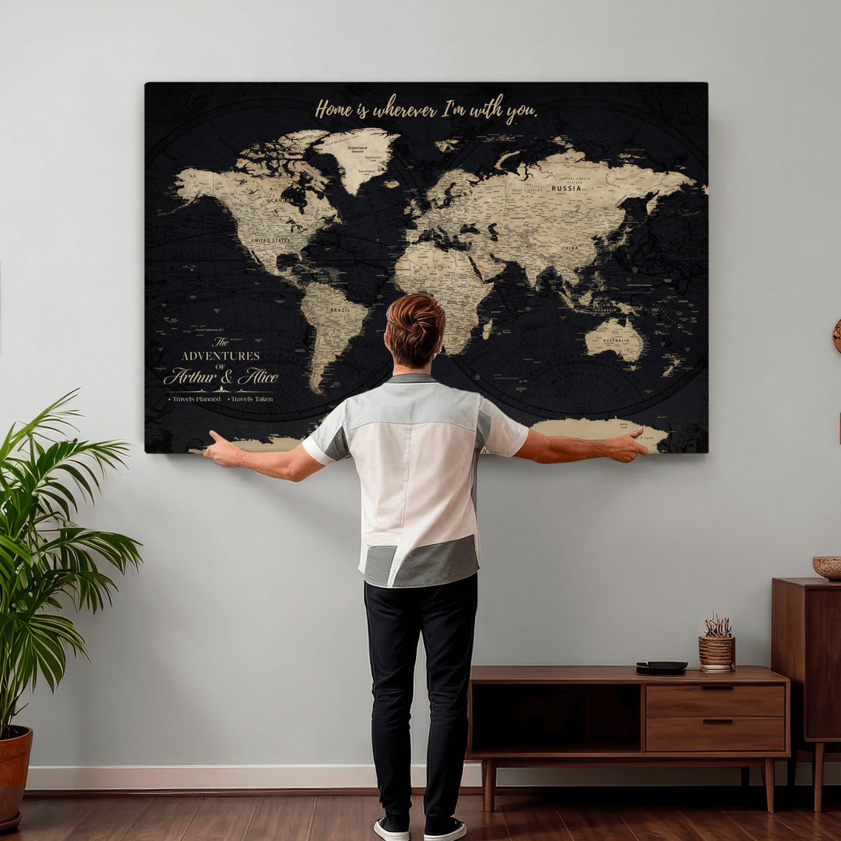 Personalized Framed Beige Modern Push Pin World Map Canvas Print, Places Visited Tracker, Family Room and Bedroom Decor