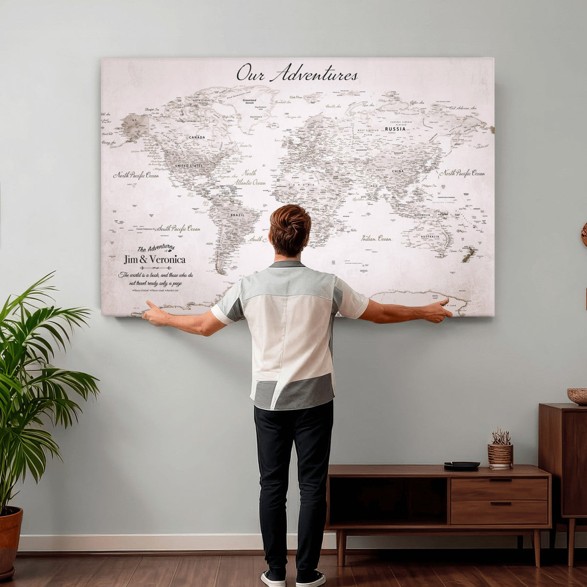 Personalized Beige Vintage World Travel Map Wall Art with Pins, Honeymoon and Anniversary Gift, Entryway and Hallway Decor