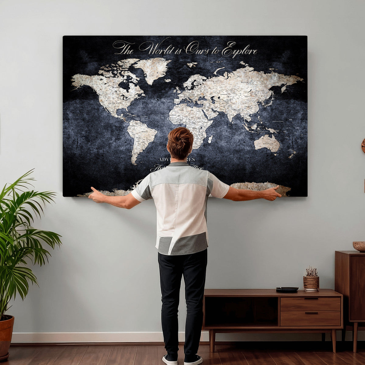 Personalized Beige Modern Push Pin Travel Map Canvas Print, Places Visited Tracker, Study and Entryway Decor