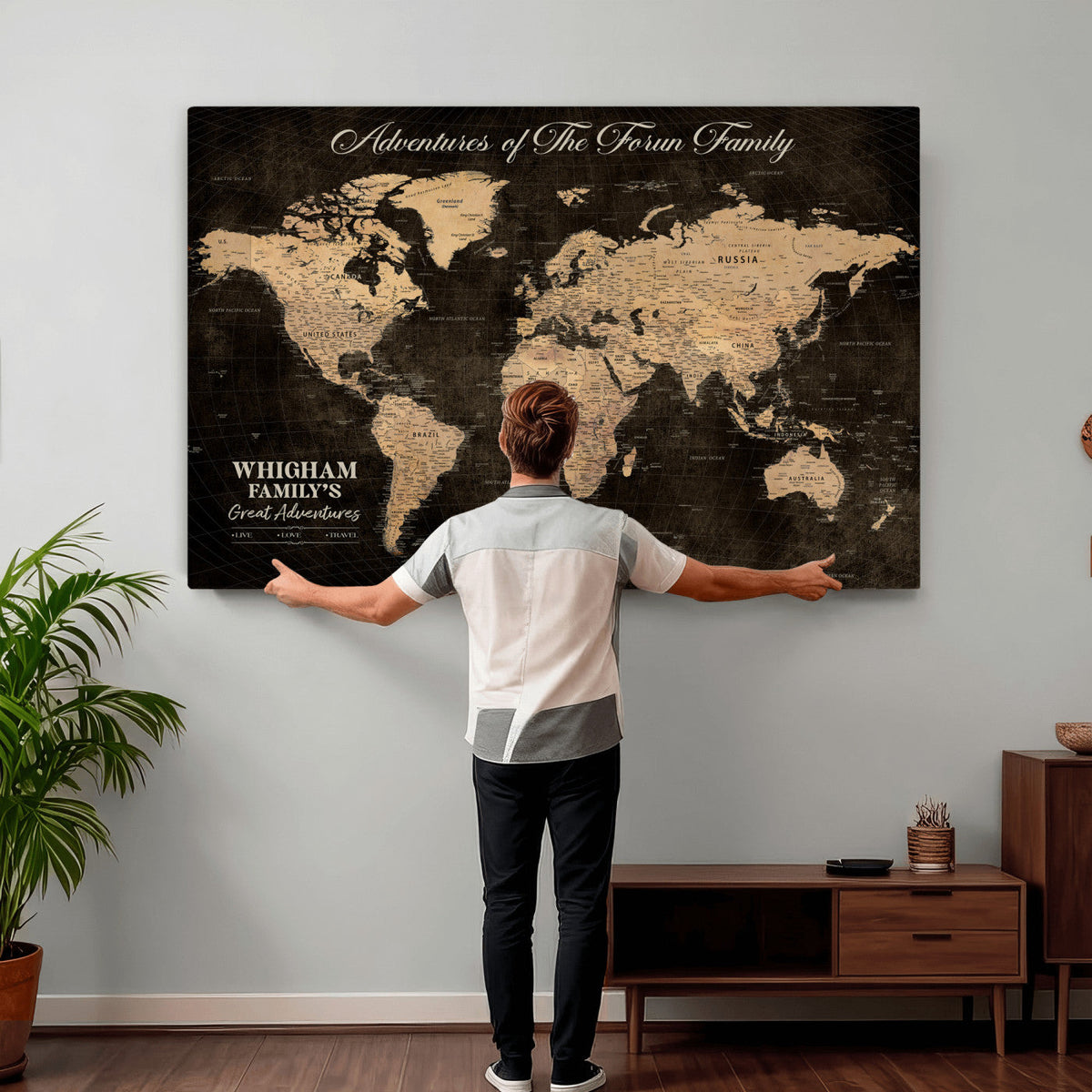 Personalized Framed Beige Geometric Push Pin Travel Map Canvas Print, Honeymoon and Anniversary Gift, Dining Room and Hallway Decor