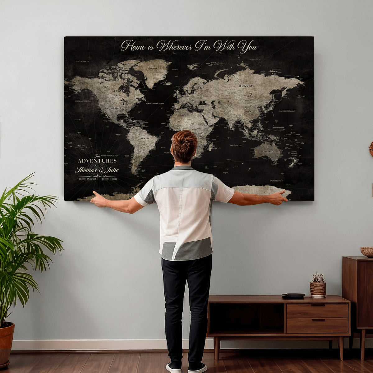 Personalized Framed Black Geometric World Map Canvas with Push Pins, Bucket List Map, Living Room and Dining Room Decor