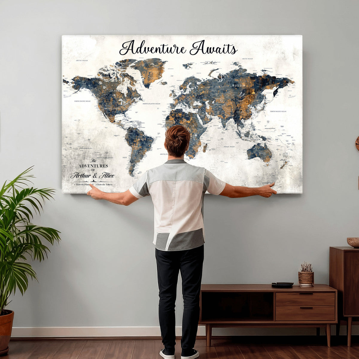 Custom Framed Beige Geometric World Travel Map Wall Art with Pins, Places Visited Tracker, Family Room and Home Office Decor