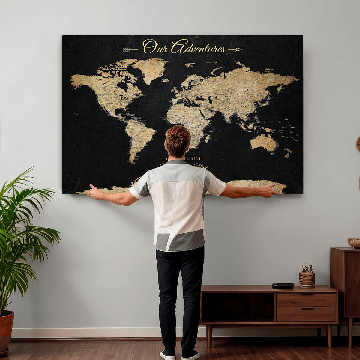 Personalized Framed Beige Push Pin World Map Canvas Print, Family Travel Tracker, Bedroom and Home Office Decor