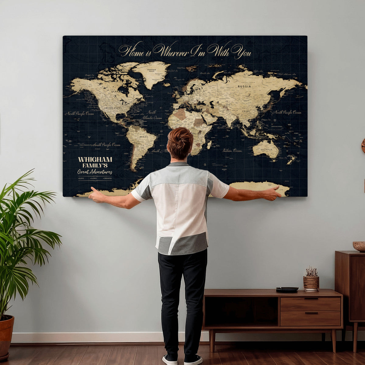Personalized Framed Beige Geometric Push Pin World Map Wall Art, Couples Countries Visited Map, Bedroom and Hallway Decor