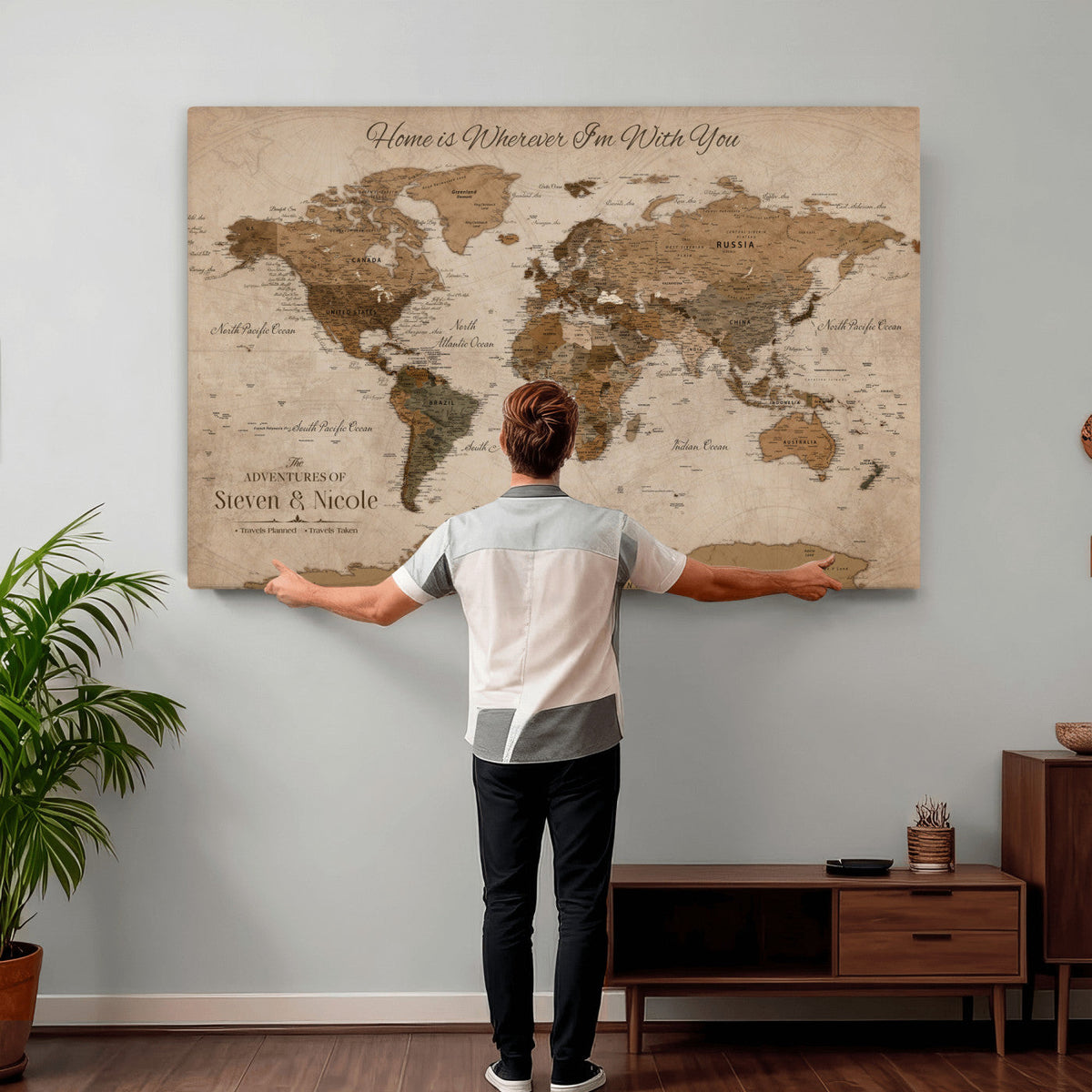 Personalized Framed Beige World Map Canvas with Push Pins, Honeymoon and Anniversary Gift, Living Room and Hallway Decor