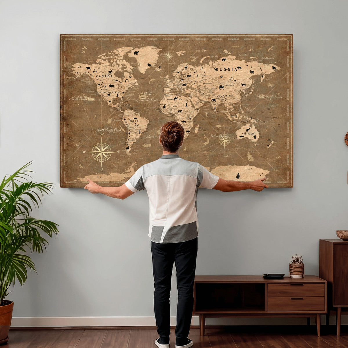 16235283-MGV-CV-36X24 - Custom World Travel Map Wall Art with Pins, Family Travel Tracker, Living Room and Bedroom Decor
