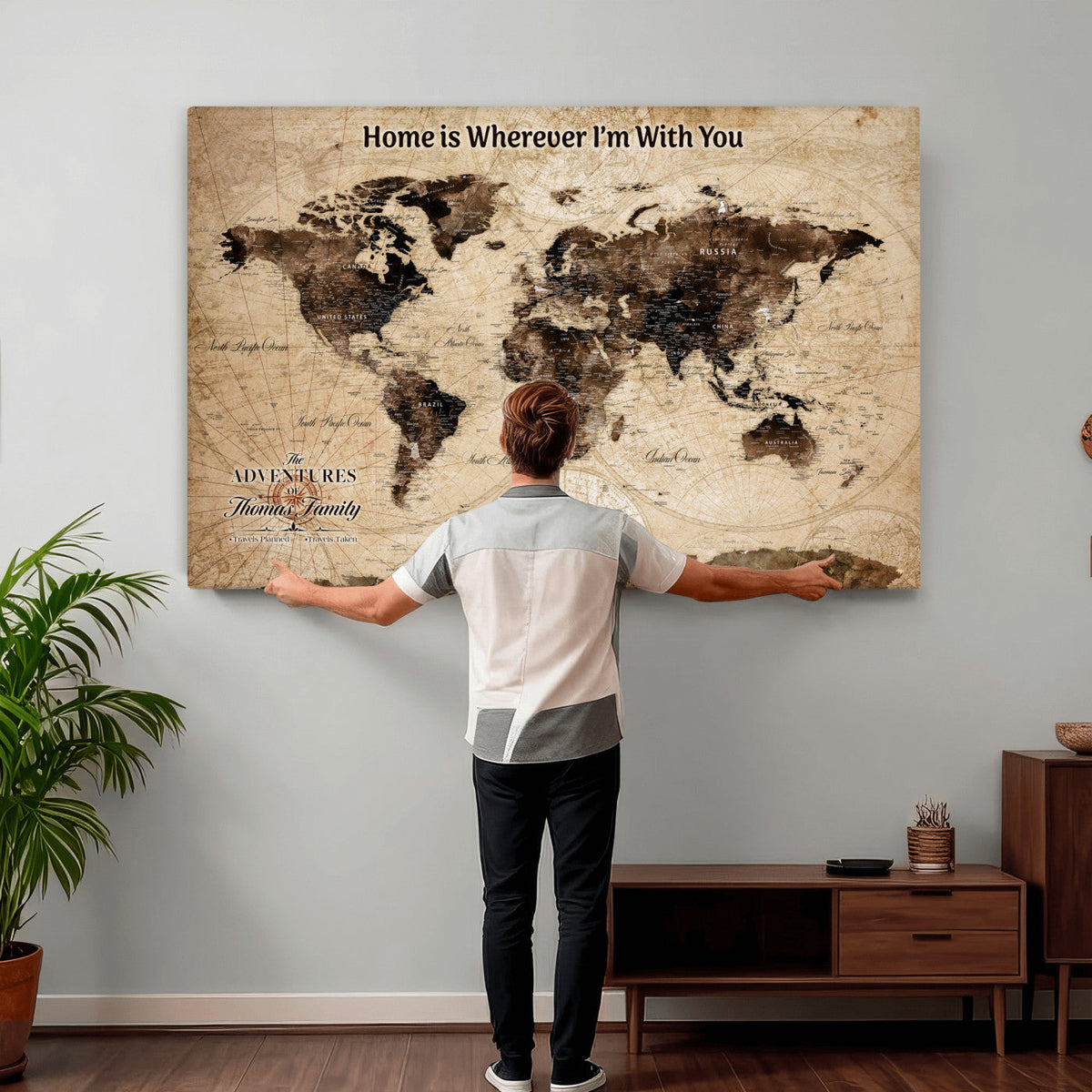 Personalized Framed Beige Modern World Travel Map Wall Art with Pins, Family Adventure Map, Living Room and Hallway Decor
