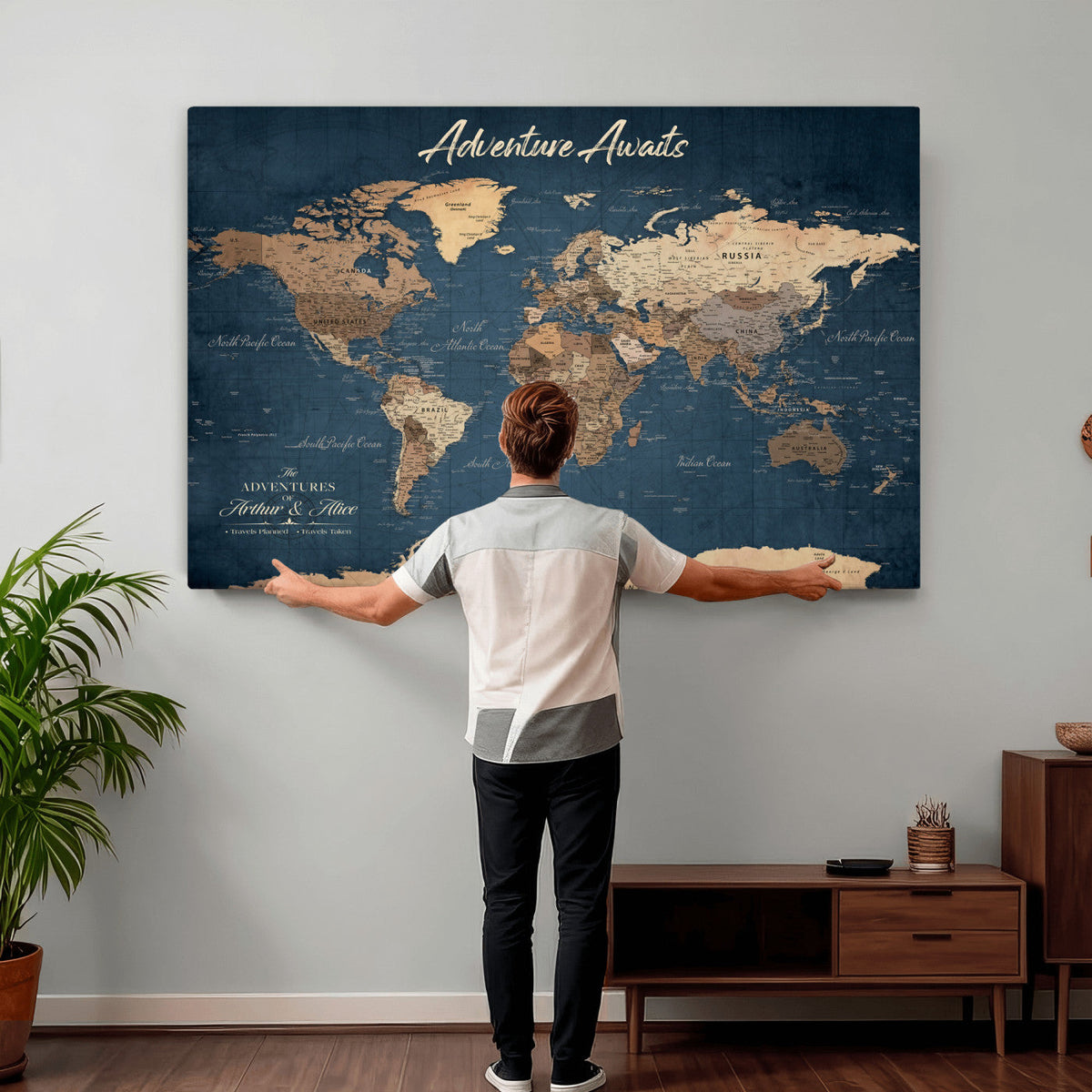 Personalized White Vintage World Travel Map Wall Art with Pins, Next Trip Planner Map, Family Room and Dining Room Decor