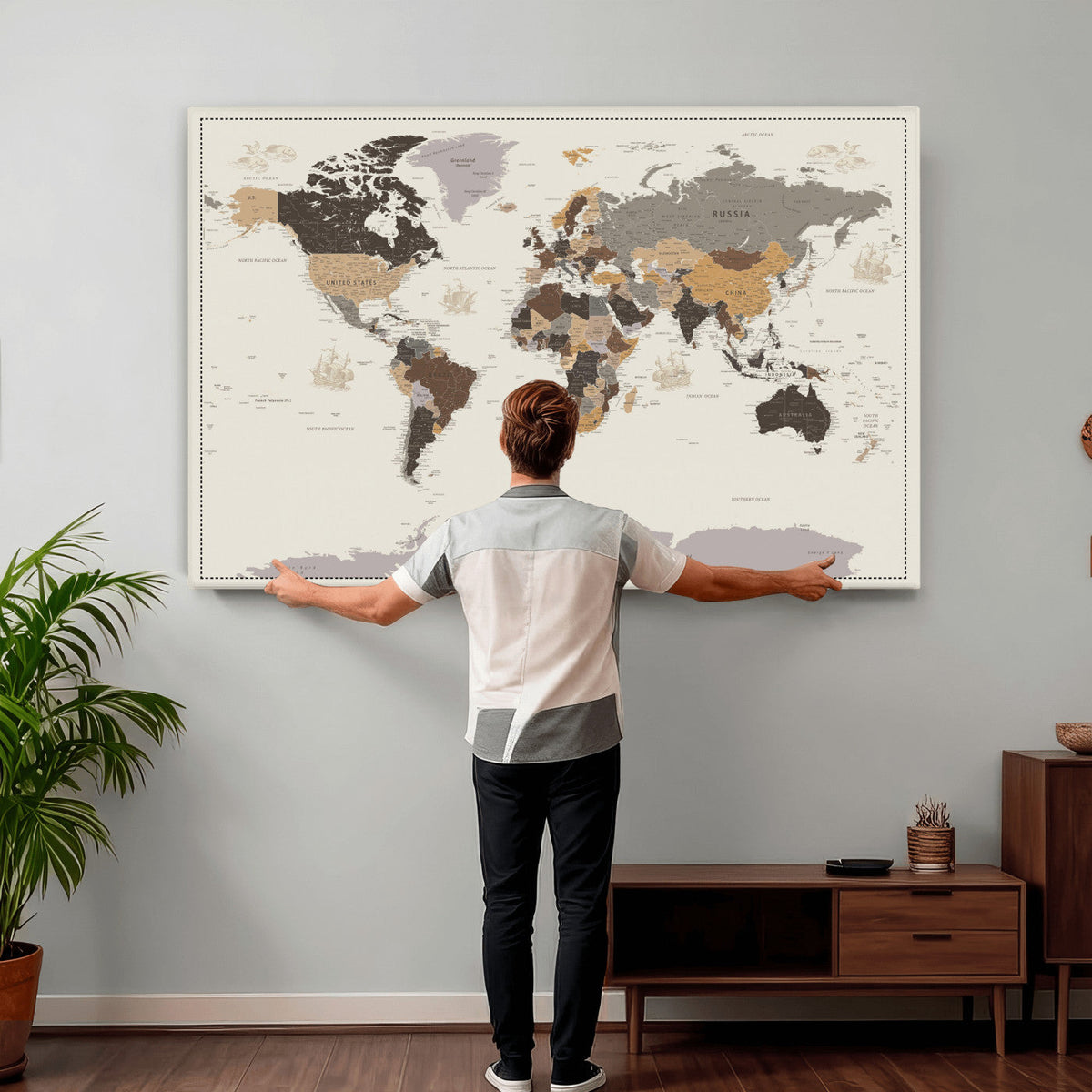 58777746-MGV-CV-36X24 - Custom Beige Modern Push Pin World Map Canvas Print, Places Visited Tracker, Bedroom and Study Decor