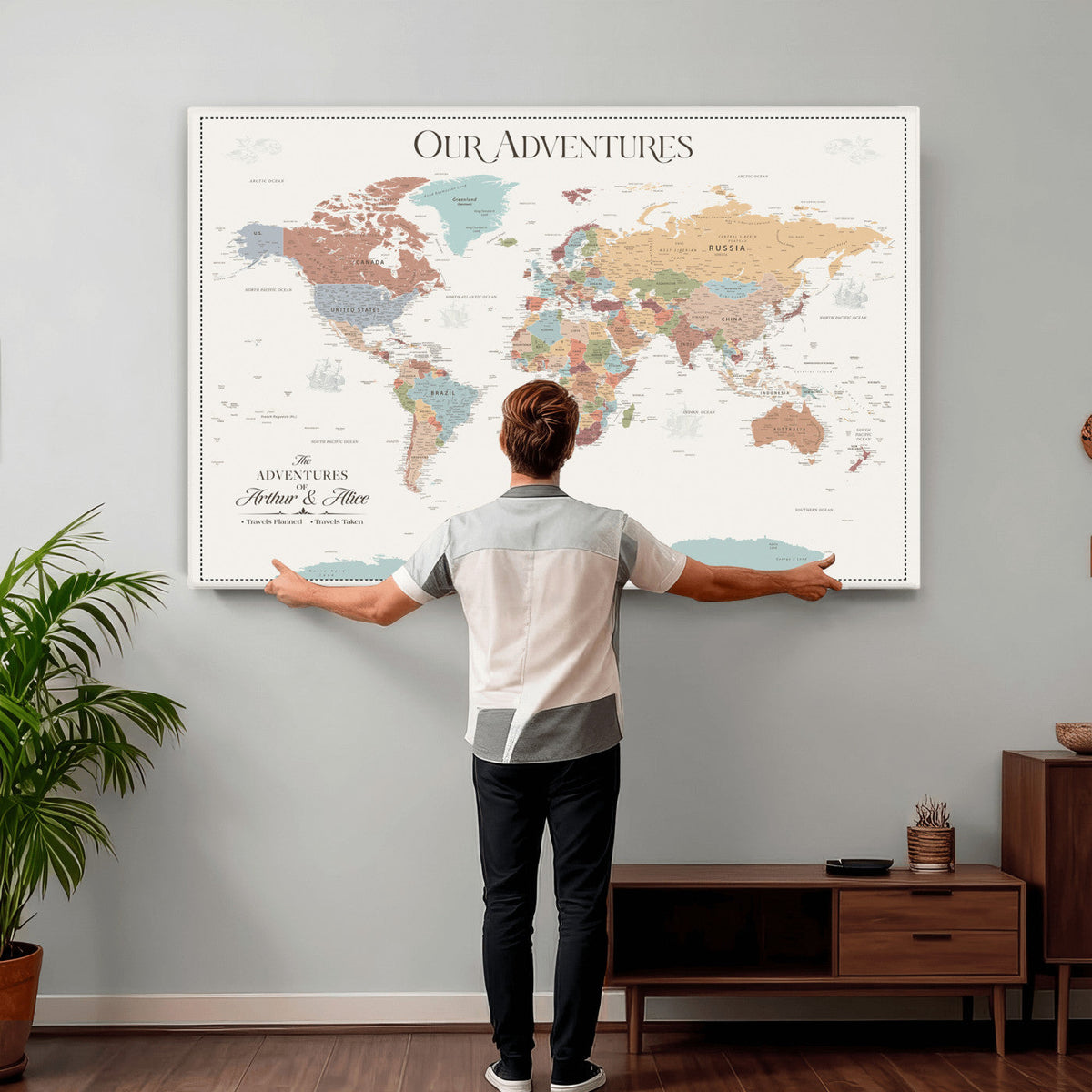 Personalized Framed Navy Push Pin World Map Canvas Print, Next Trip Planner Map, Living Room and Entryway Decor