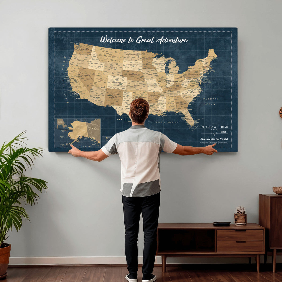 58851035-MGV-CV-36X24 - Custom Cream Push Pin USA Map Canvas Print, 50 State Bucket List Map, Family Room and Hallway Decor