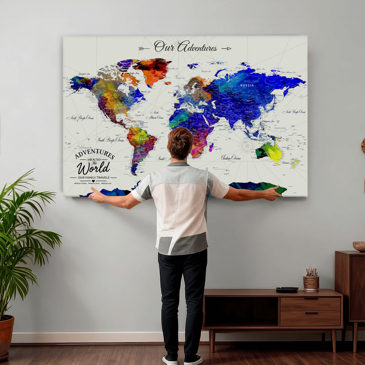88162438-MGV-CV-36X24 - Our Family Adventures Push Pin World Map Wall Art Canvas Print | Family Travel Tracker Map with Pins
