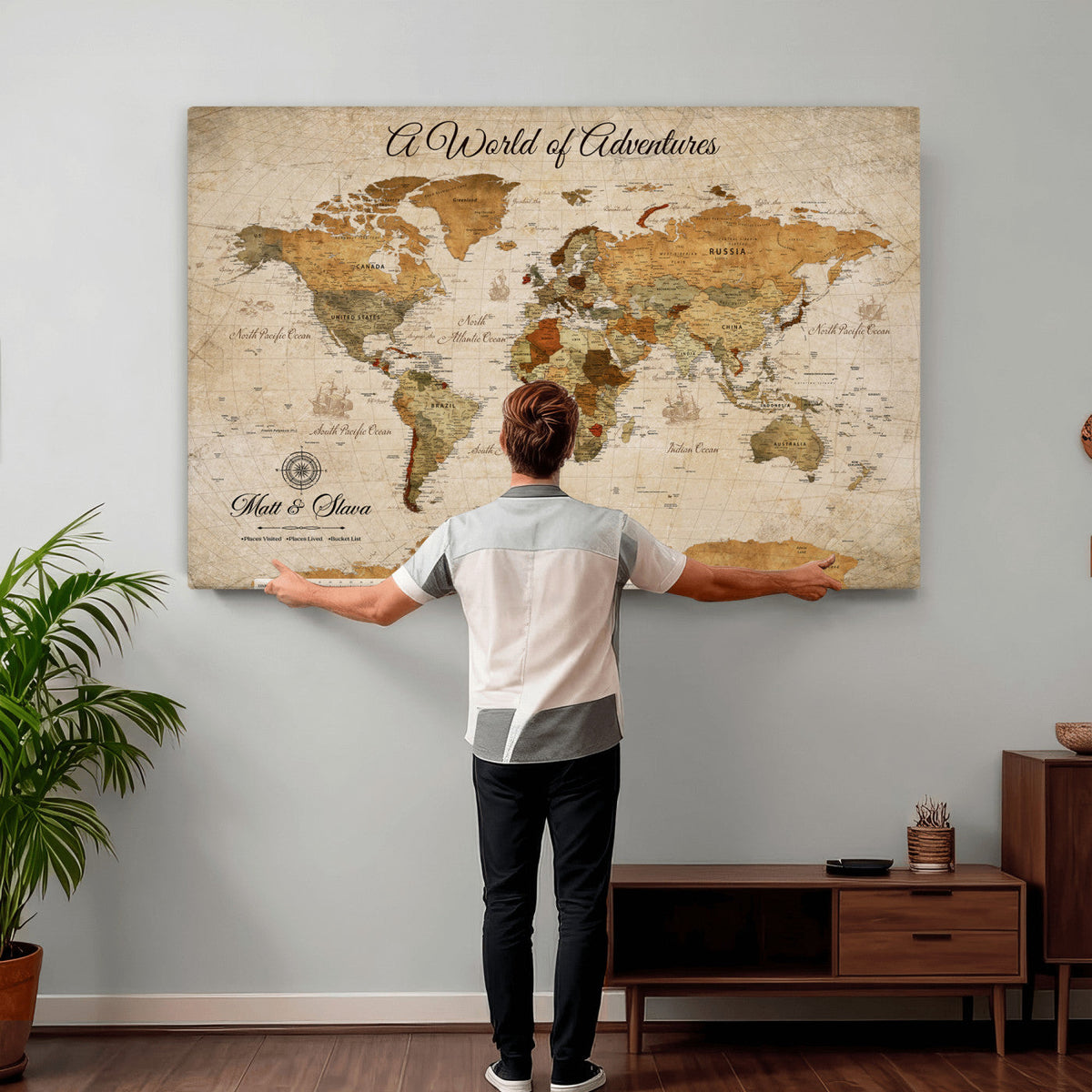 88768647-MGV-CV-36X24 - Extra Large Framed Personalize Push Pin World Map Wall Art Canvas Print for Travel Tracking
