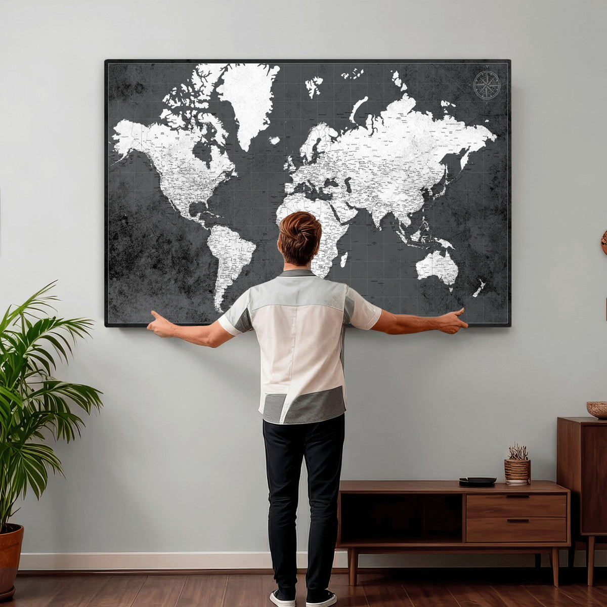 78574966-MGV-CV-36X24 - Extra Large Framed Personalize Push Pin World Map Wall Art Canvas Print for Travel Tracking - NEWMAP-128