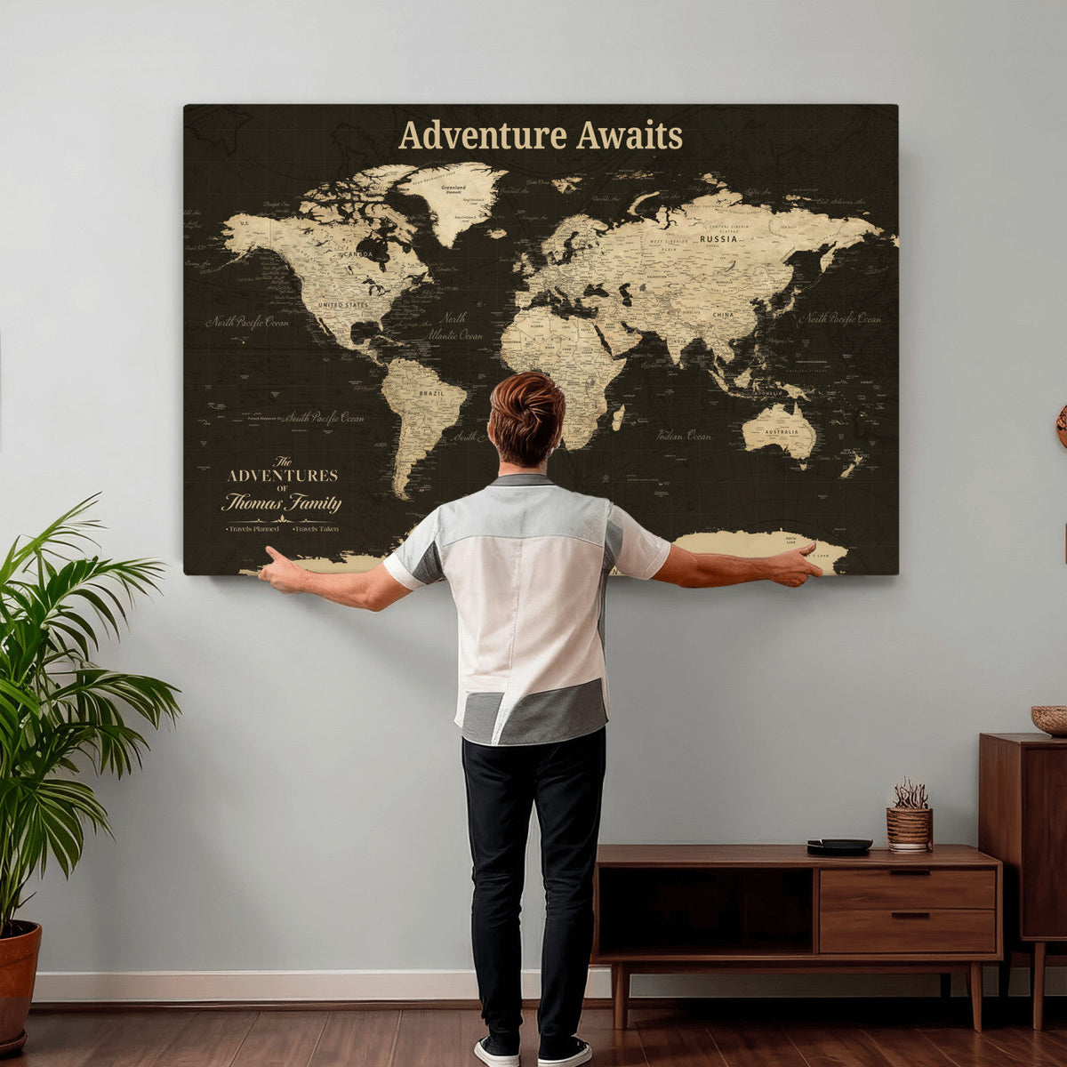 Custom Beige Modern World Travel Map Wall Art with Pins, Family Travel Tracker, Dining Room and Entryway Decor