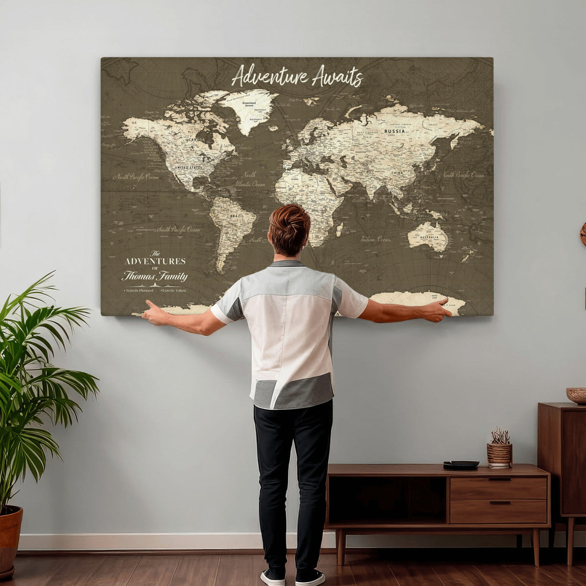 Personalized White Modern World Travel Map Wall Art with Pins, Honeymoon and Anniversary Gift, Living Room and Dining Room Decor