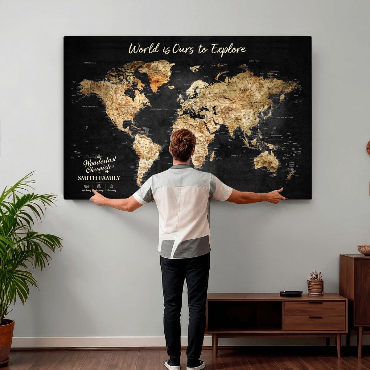 Personalized Beige Push Pin Travel Map Canvas Print, Family Travel Tracker, Bedroom and Entryway Decor