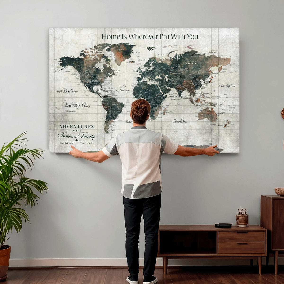 Personalized Framed Beige Push Pin Travel Map Canvas Print, Family Travel Tracker, Home Office and Hallway Decor