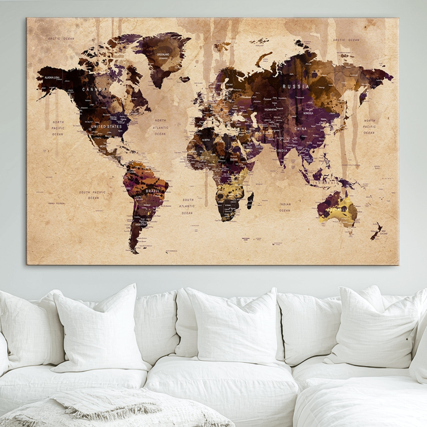Push Pin World Map Canvas Print – Framed Wall Art for Couples to Track Their Travels – Anniversary Gift or Home Adventure Decor
