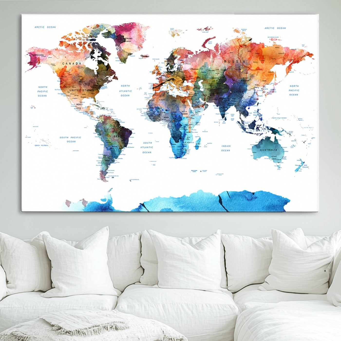 Push Pin World Map Canvas Print – Framed Wall Art for Couples to Track Their Travels – Anniversary Gift or Home Adventure Decor