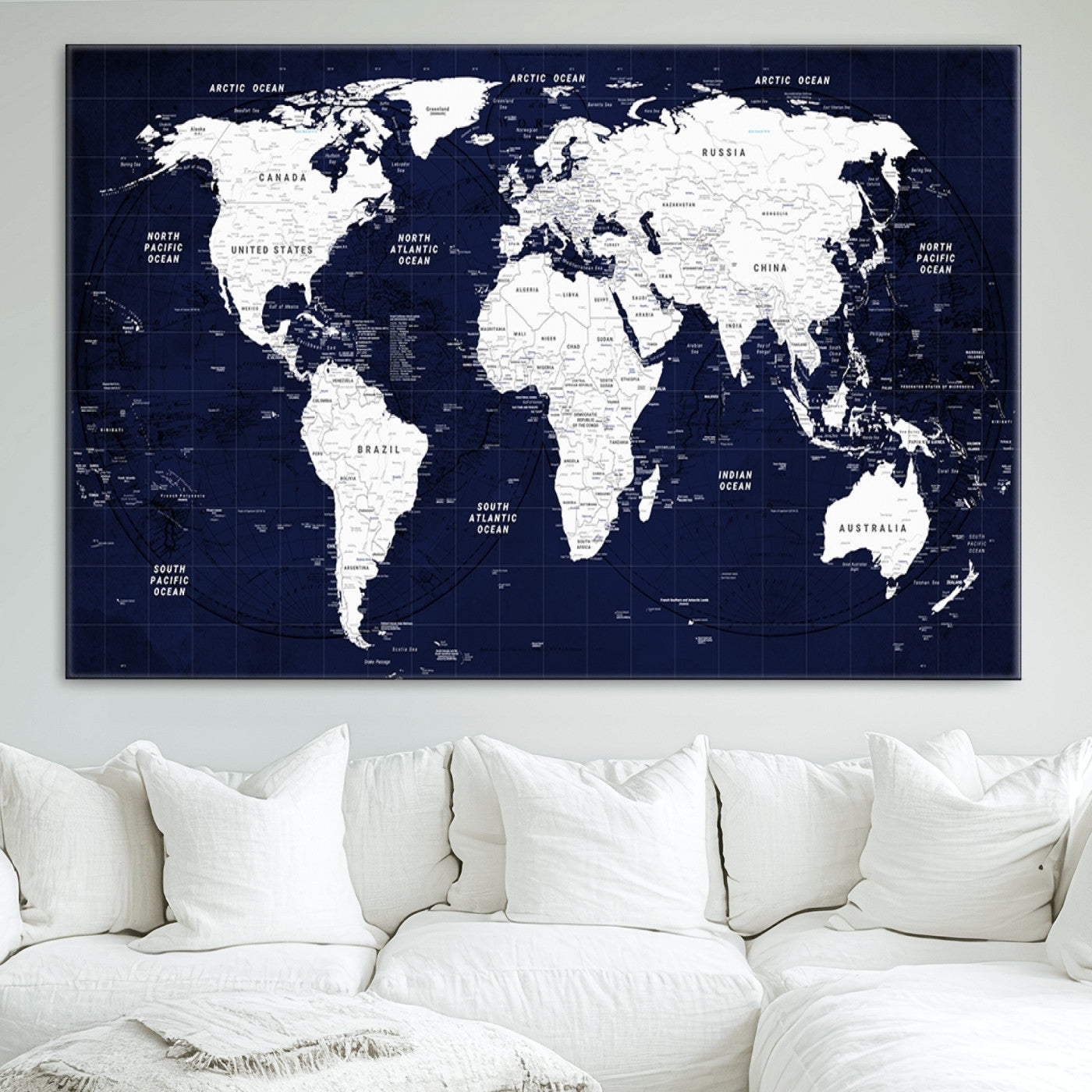 Push Pin World Map Canvas Print – Framed Wall Art for Couples to Track Their Travels – Anniversary Gift or Home Adventure Decor