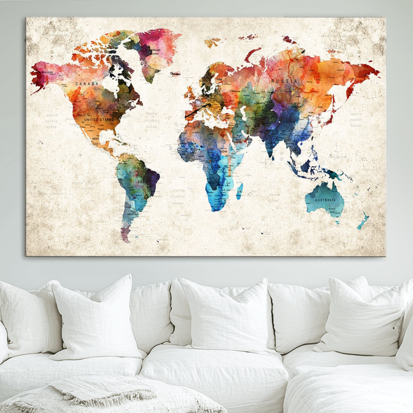 Push Pin World Map Canvas Print – Framed Wall Art for Couples to Track Their Travels – Anniversary Gift or Home Adventure Decor