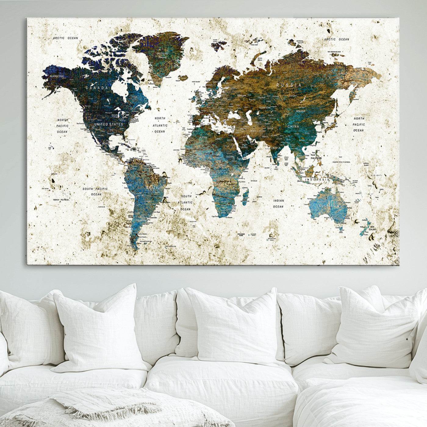 Push Pin World Map Canvas Print – Framed Wall Art for Couples to Track Their Travels – Anniversary Gift or Home Adventure Decor