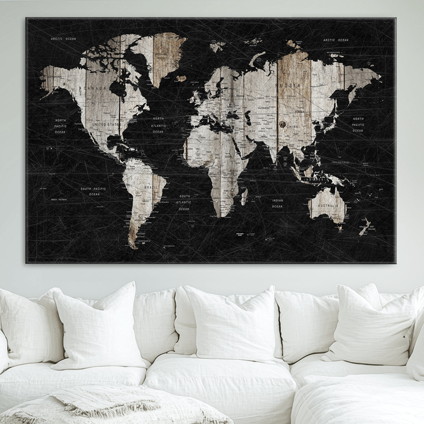 Push Pin World Map Canvas Print – Framed Wall Art for Couples to Track Their Travels – Anniversary Gift or Home Adventure Decor