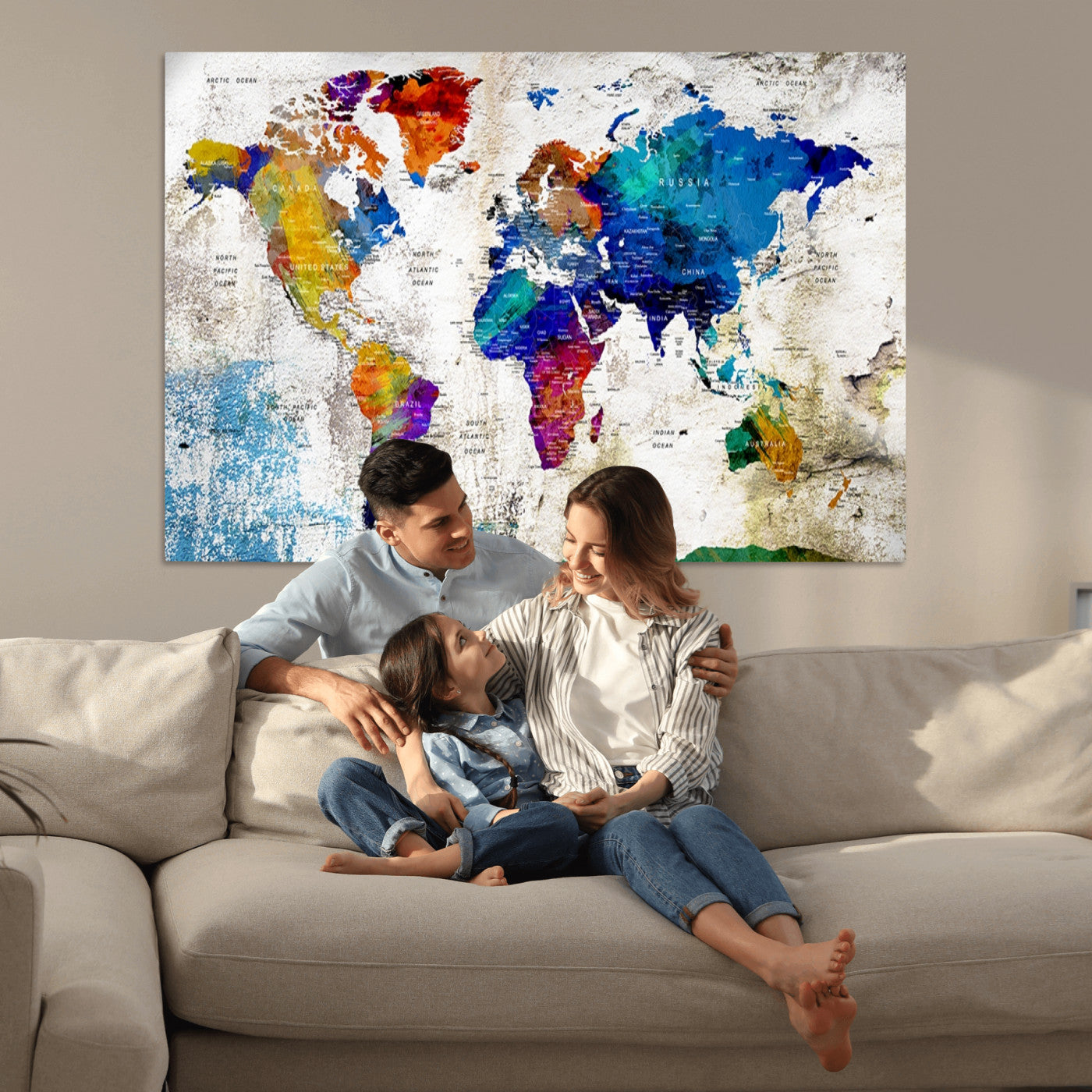 Push Pin World Map Canvas Print – Framed Wall Art for Couples to Track Their Travels – Anniversary Gift or Home Adventure Decor