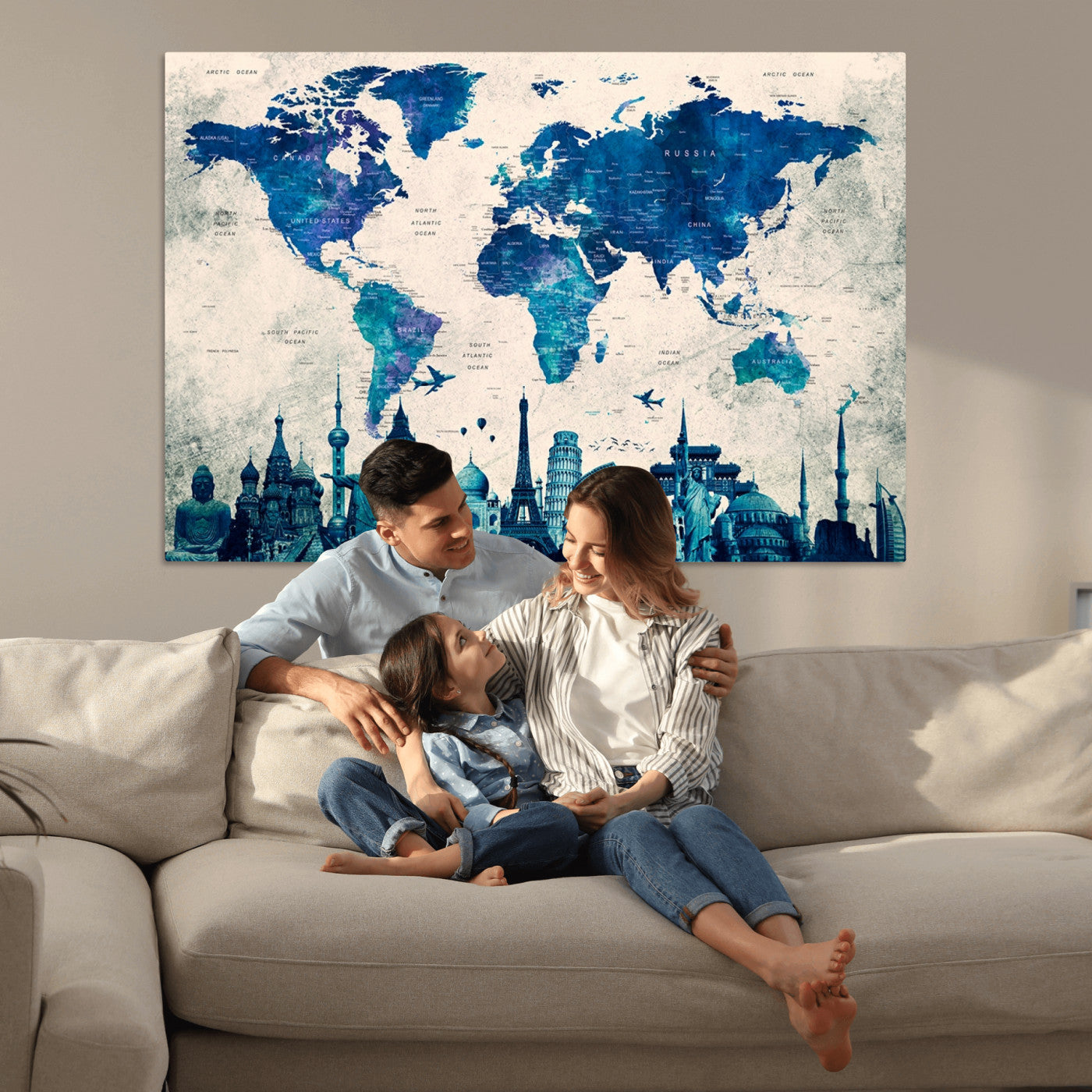 Navy Blue World Map Canvas Print, Wonder of World Map Push Pin Canvas Print