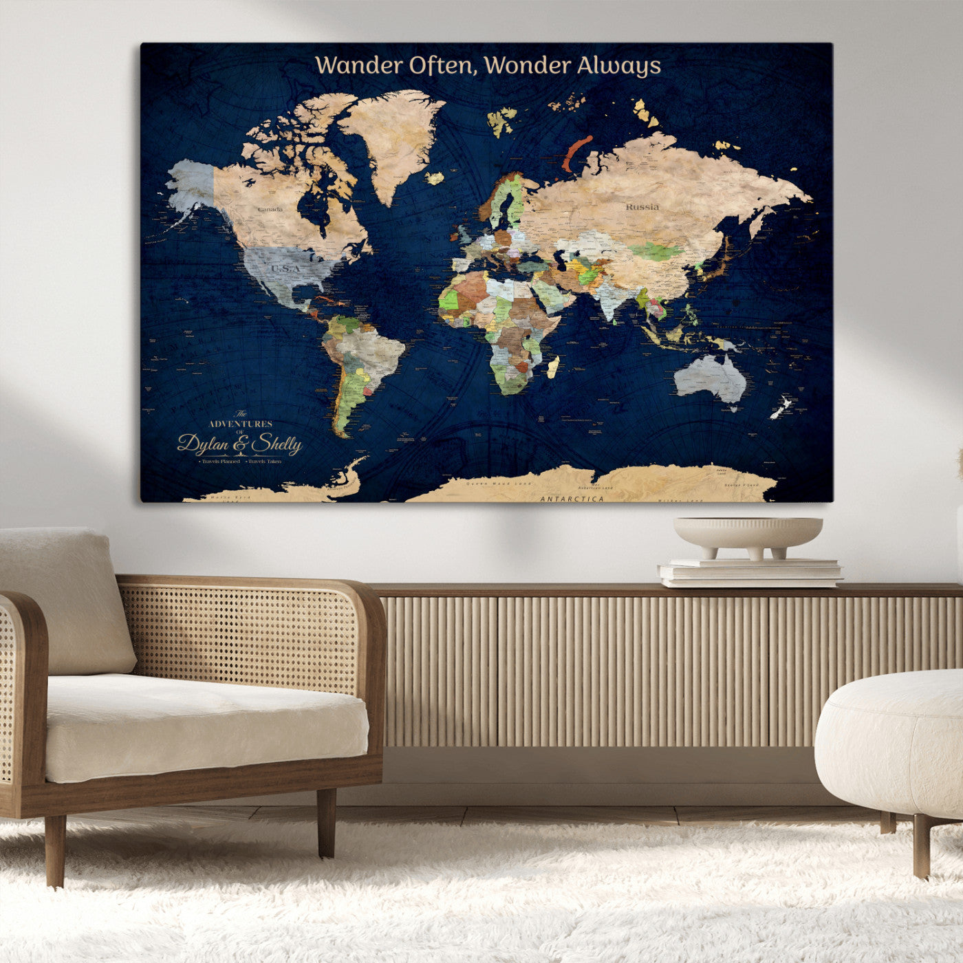 12399561-MGV-CV-30X20-Personalized World Map Print, Customizable Push Pin Framed World Map Print on Canvas - Custom Quote on Map Print