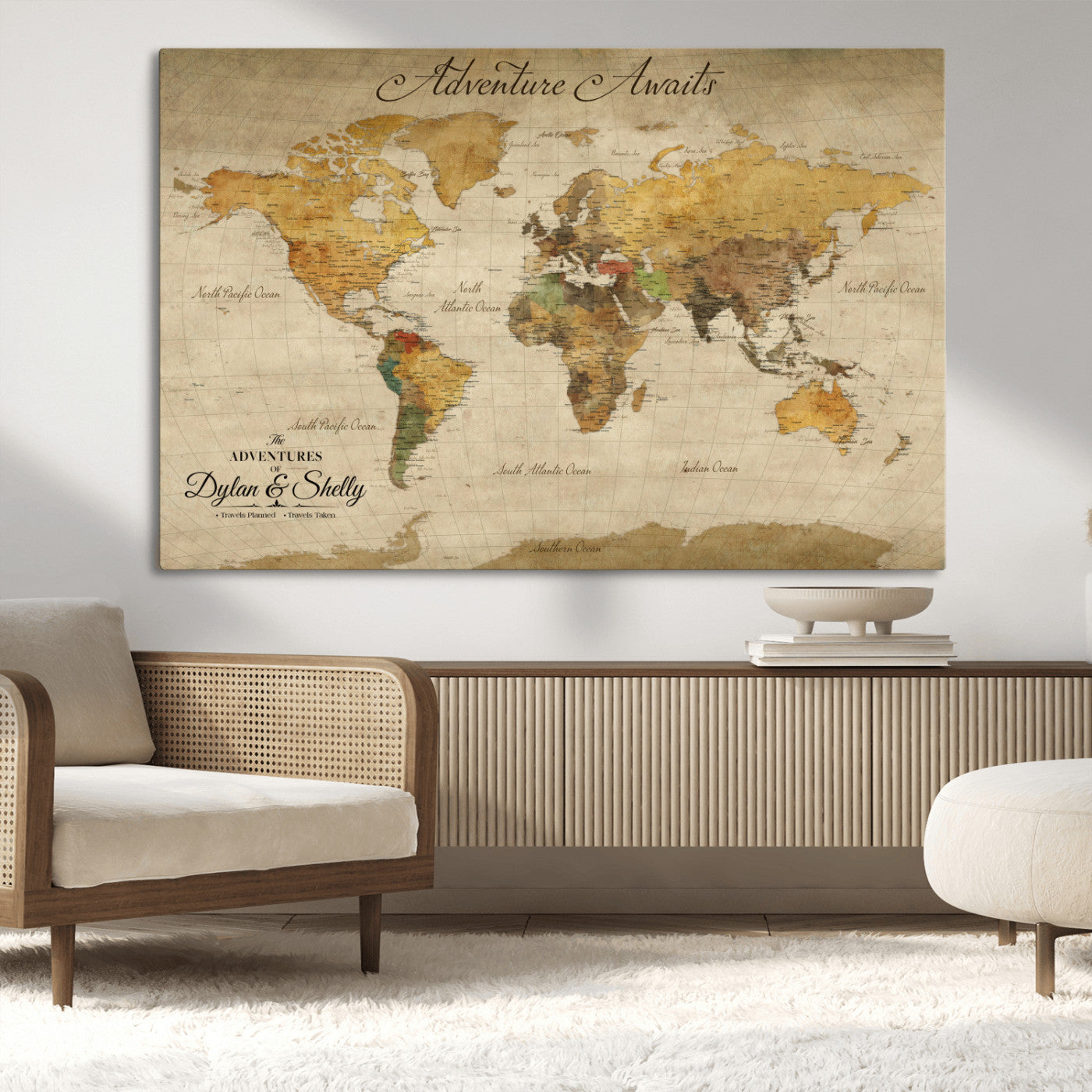 50298017-MGV-CV-36X24-Personalized World Map Print, Customizable Push Pin Framed World Map Print on Canvas - Custom Quote on Map Print