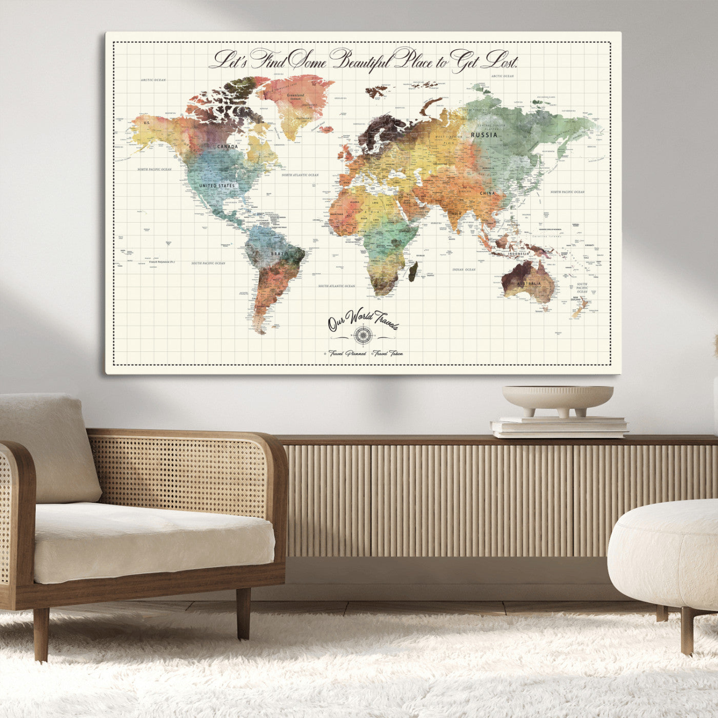 29289638-MGV-CV-36X24-Personalized World Map Print - Customizable Push Pin Framed World Map Print on Canvas - Custom Quote on Map Print