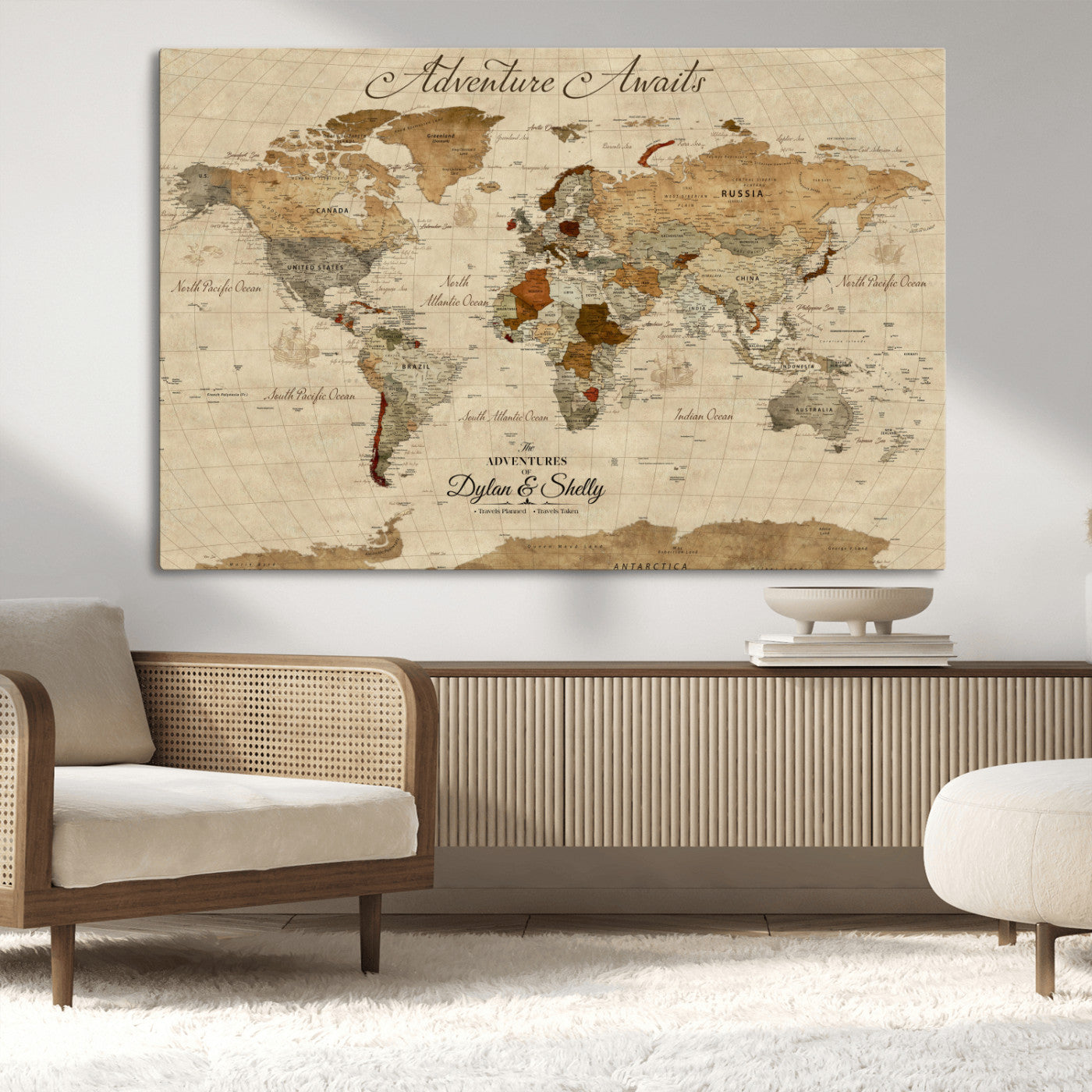 29054239-MGV-CV-36X24-Personalized World Map Print - Customizable Push Pin Framed World Map Print on Canvas - Custom Quote on Map Print