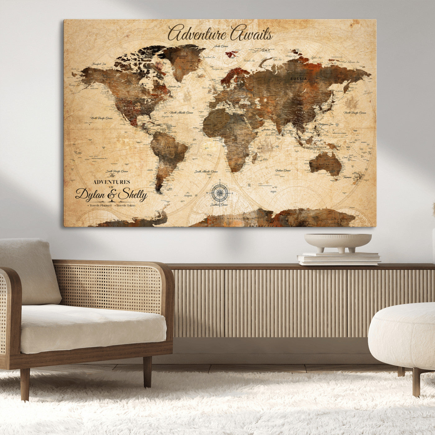 66357947-MGV-CV-36X24-Personalized World Map Print, Customizable Push Pin Framed World Map Print on Canvas - Custom Quote on Map Print