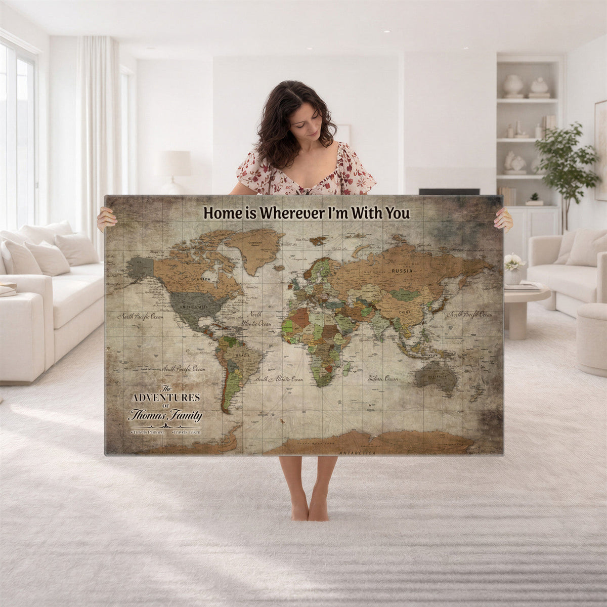 22593671-MGV-CV-36X24 - Personalized Beige Geometric World Map Canvas with Push Pins, Next Trip Planner Map, Study and Entryway Decor