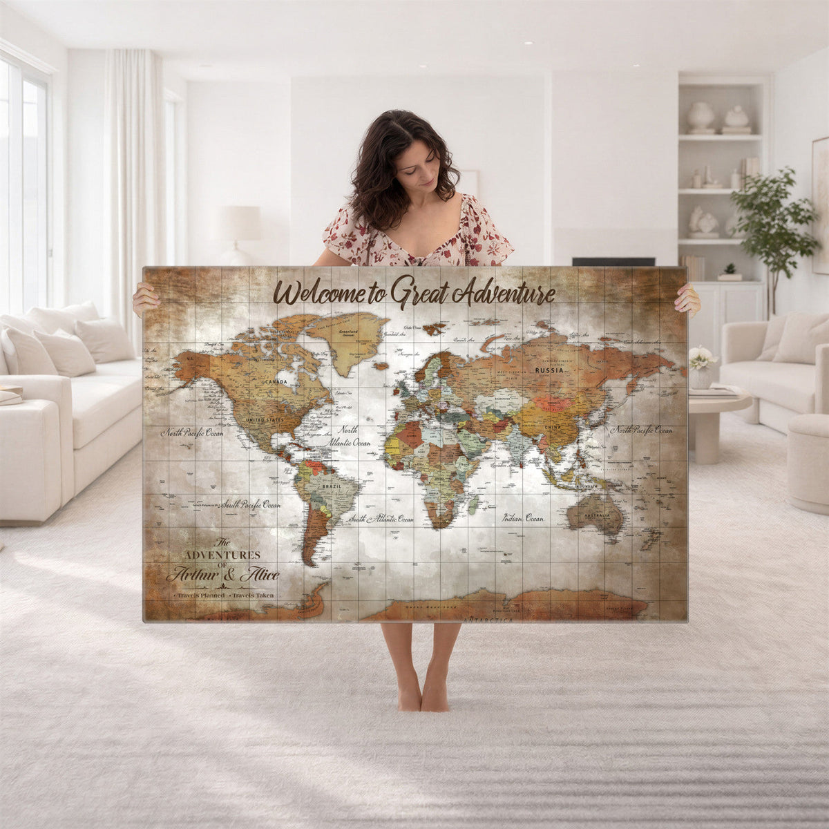 94821994-MGV-CV-36X24 - Personalized Beige Vintage Push Pin Travel Map Canvas Print, Honeymoon and Anniversary Gift, Dining Room and Study Decor