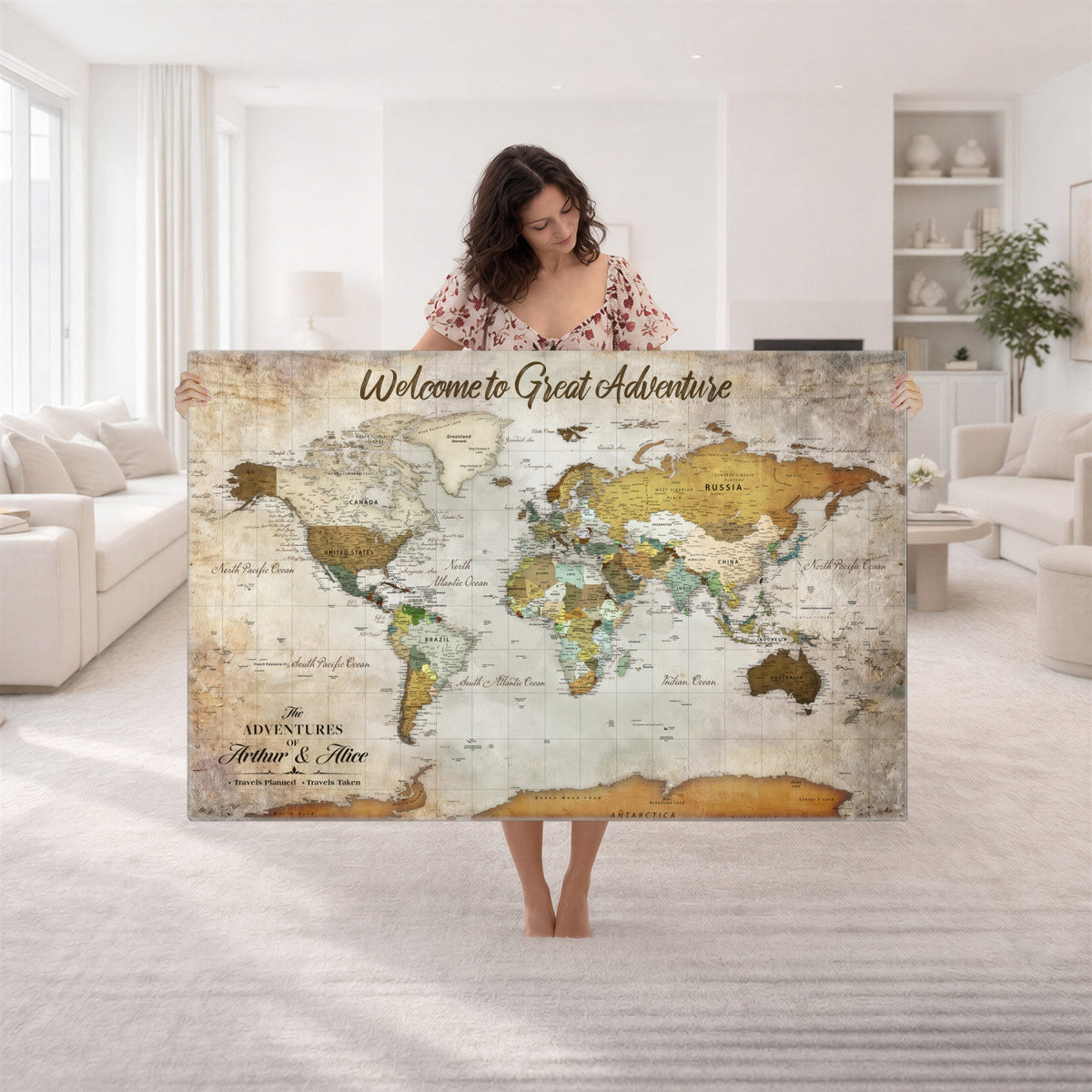 33043195-MGV-CV-36X24 - Personalized Beige World Travel Map Wall Art with Pins, Family Travel Tracker, Family Room and Study Decor