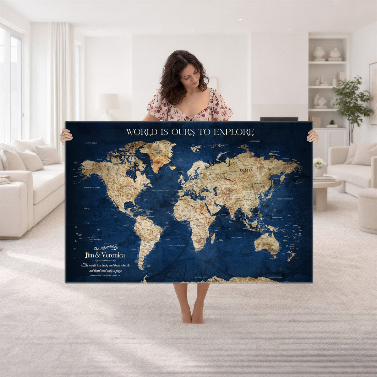 35296308-MGV-CV-36X24 - Custom Push Pin World Map Wall Art Canvas Print | Personalized Travel Tracker with Pins Framed Large for Home and Office Decor