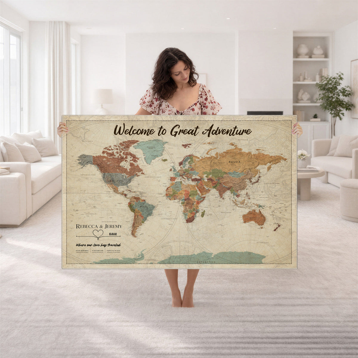 Large Personalized Beige Minimalist Push Pin World Map Wall Art, Next Trip Planner Map, Bedroom and Home Office Decor